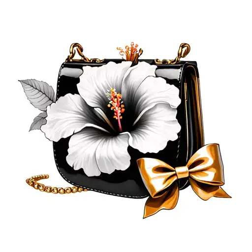 Hibiscus Tattoo With Black Purse And Gold Bow