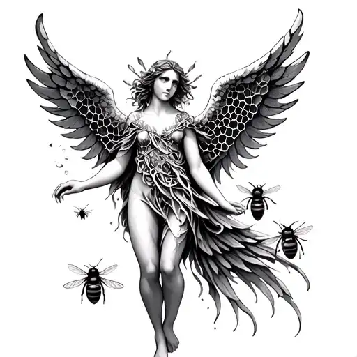 Healing Angel Symbyol Merged With Bees And Honeycomb Hexagonal Structure