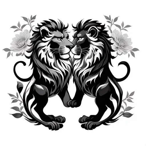 Two Lions Curved Facing Each Other With Japinese Flowers