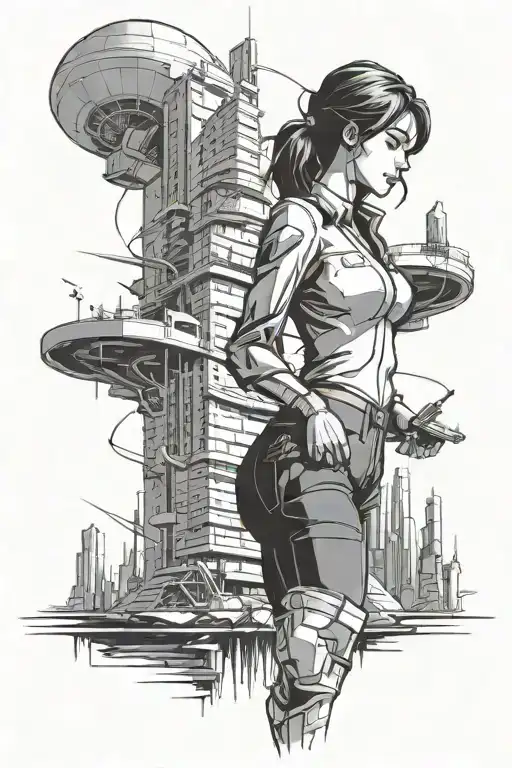 A Dynamic Manga-inspired Illustration Of A Female Architect Designing A Futuristic City Skyline