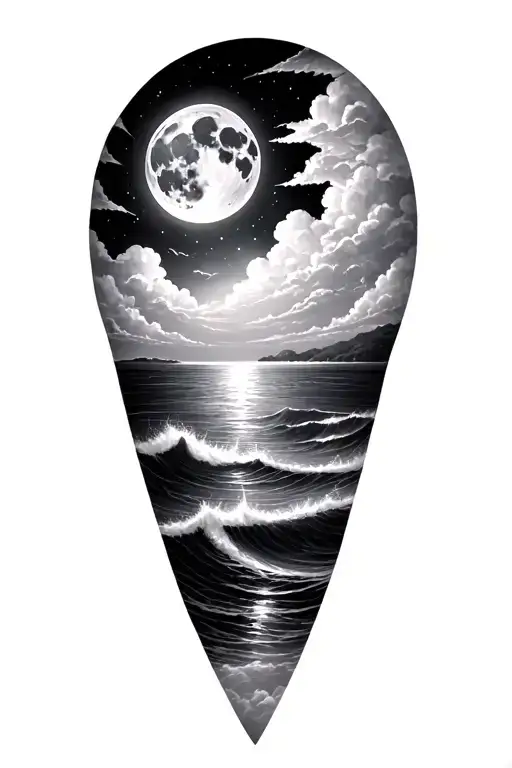 Ocean And Full Moon With Clouds Calf Tattoo Balck And White