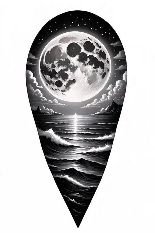 Ocean And Full Moon With Clouds Calf Tattoo Balck And White