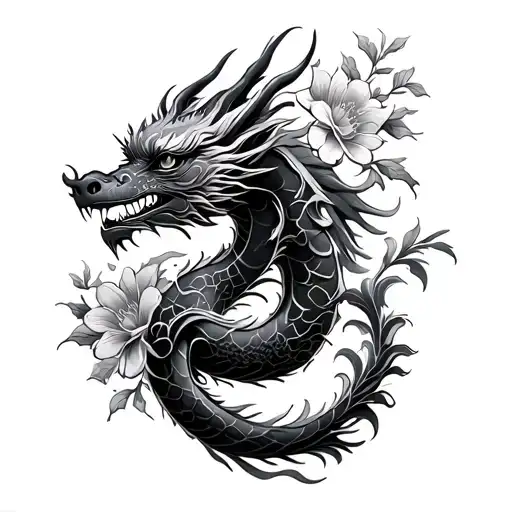 Pixiu Dragon With Waves And Flowers Intertwined
