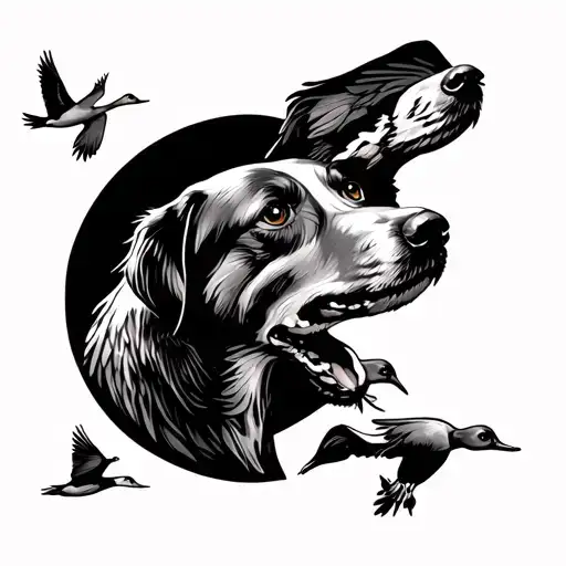 Bird Dog With Ducks Flying