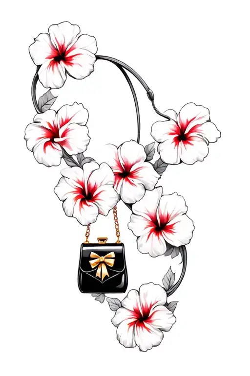 Multiple Hibiscus Flowers Around Black Purse And Gold Bow