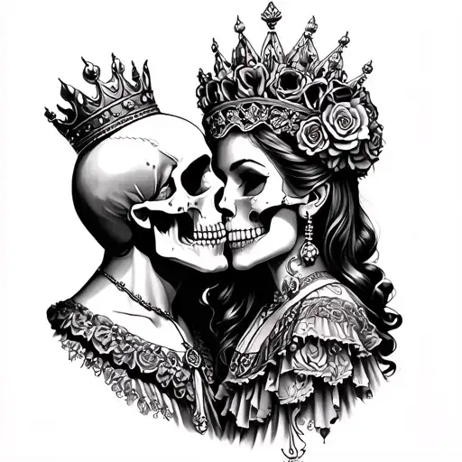 King Skull Kissing A Sugar Skull Queen