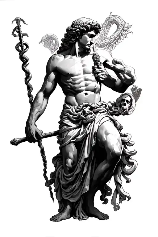 Hermes Holding The Rod Of Asclepius Fighting Off Death