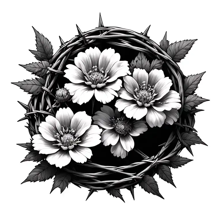 Barbed Wire And Thorns With Flowers Blooming