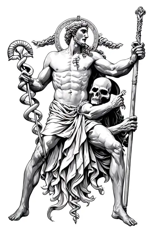 Hermes Holding The Rod Of Asclepius Fighting Off The Grim Reaper