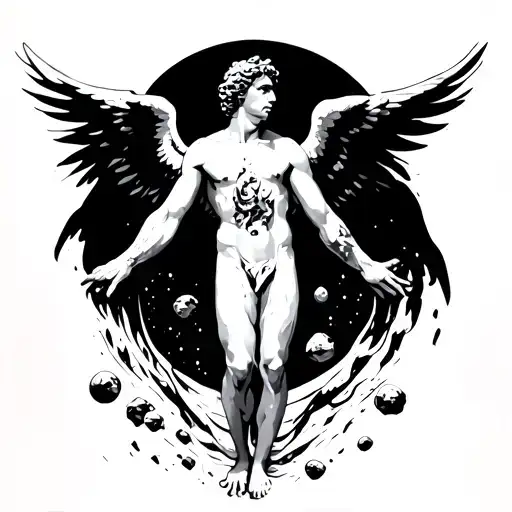 Male Angel Back Tattoo With Wings Outstretched And Asteroids At Feet Black And White Mythical Style