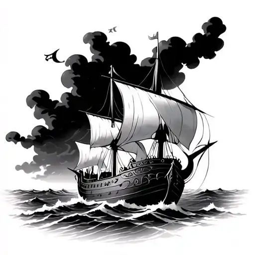 Viking Ship In A Storm Clouds
