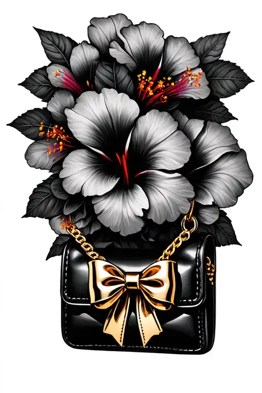 Bouquet Of Hibiscus Flowers With A Black Purse Charm With A Gold Bow