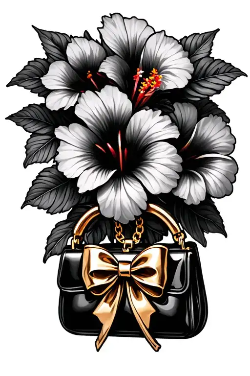Bouquet Of Hibiscus Flowers With A Black Purse Charm With A Gold Bow