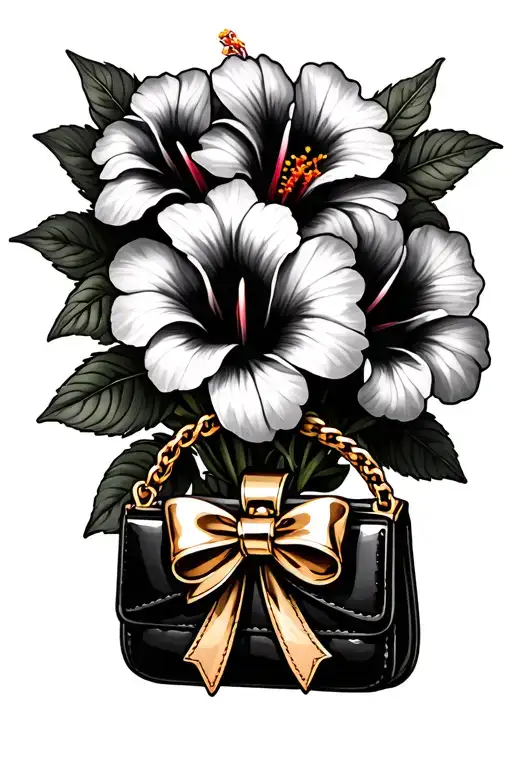Bouquet Of Hibiscus Flowers With A Black Purse Charm With A Gold Bow