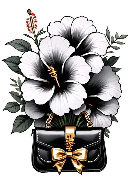 Bouquet Of Hibiscus Flowers With A Black Purse Charm With A Gold Bow