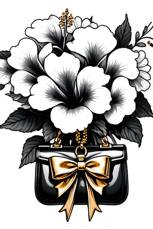 Bouquet Of Hibiscus Flowers With A Black Purse Charm With A Gold Bow