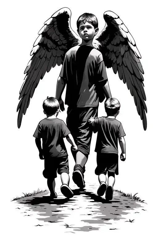 Two Boys Walking Down A Path With A Guardian Angel Overhead