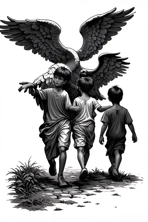 Two Boys Walking Down A Path With A Guardian Angel Hovering Overhead
