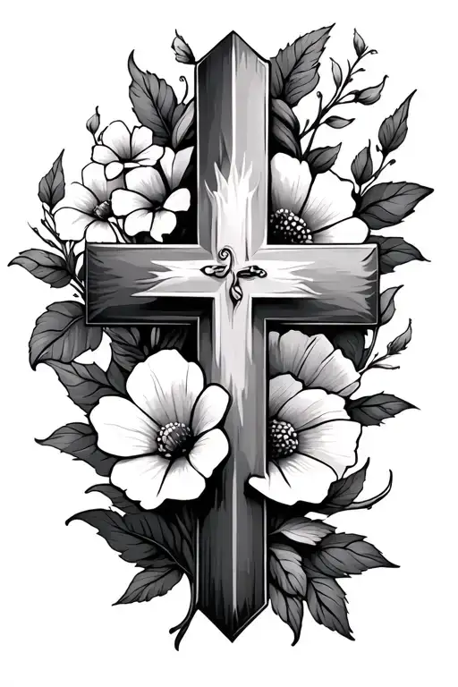 Cross Tattoo With Simple Flowers