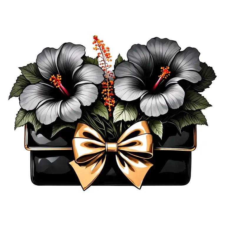 Bouquet Of Hibiscus Flowers With Black Purse And Gold Bow