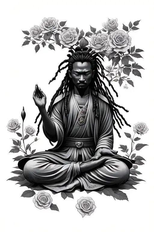 Black Samurai With Dreadlocks Meditating In Rose Garden