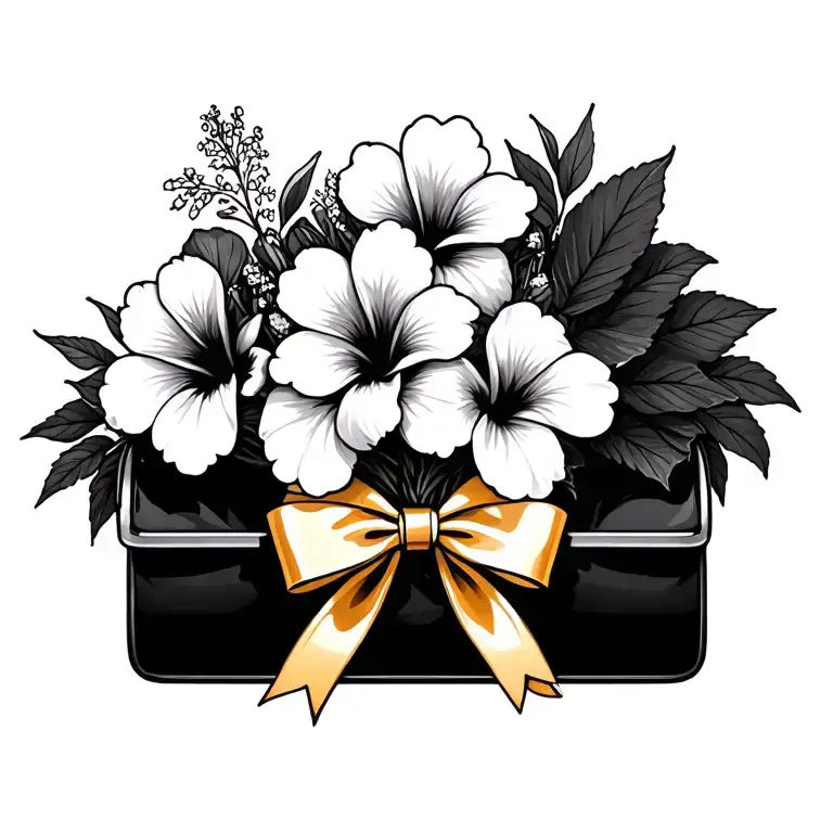 Bouquet Of Hibiscus Flowers With Black Purse And Gold Bow