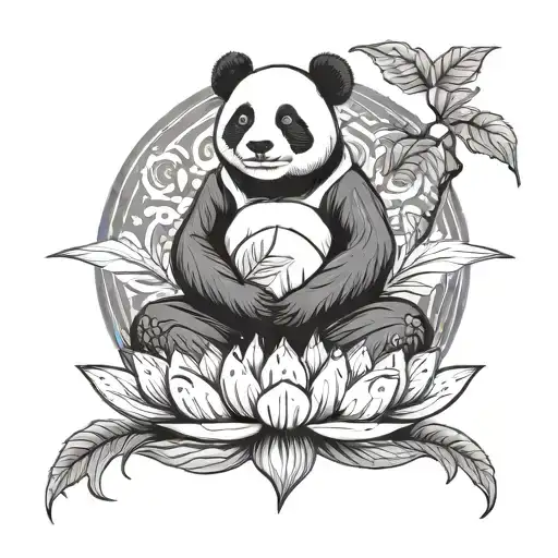 Meditating Panda On A Lotus Flower With A Decorative Tree In The Background Design For A