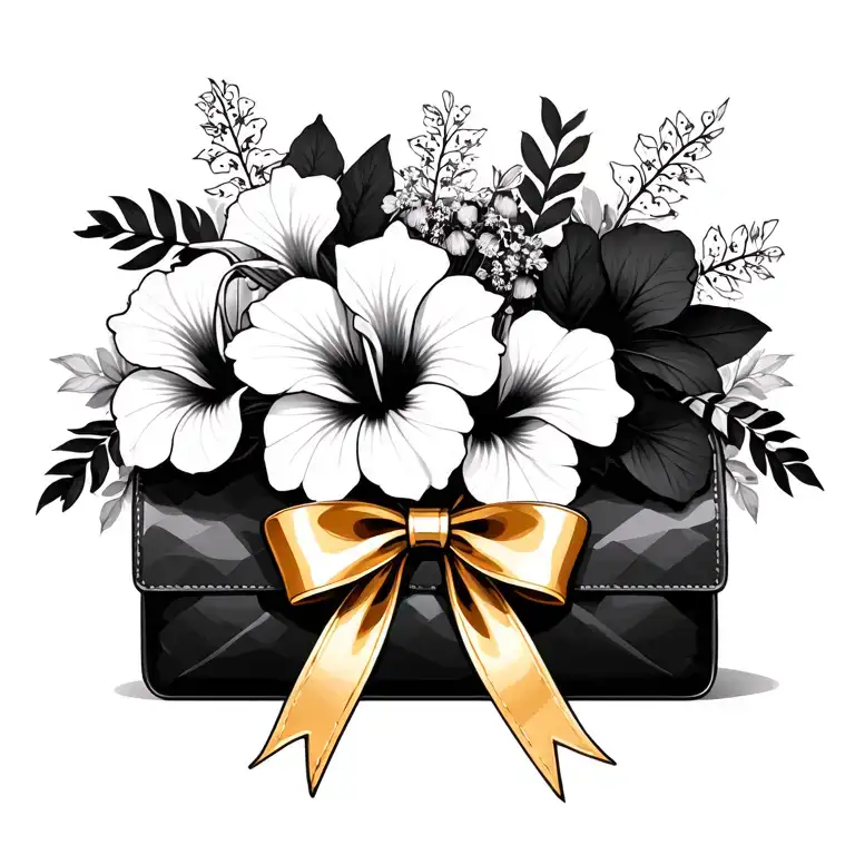 Bouquet Of Hibiscus Flowers With Black Purse And Gold Bow