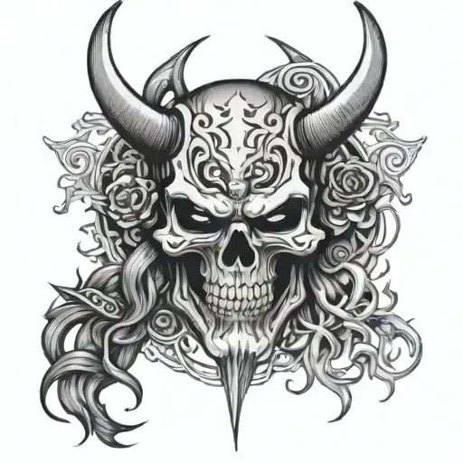 Skull Wearing Oni Mask Surrounded