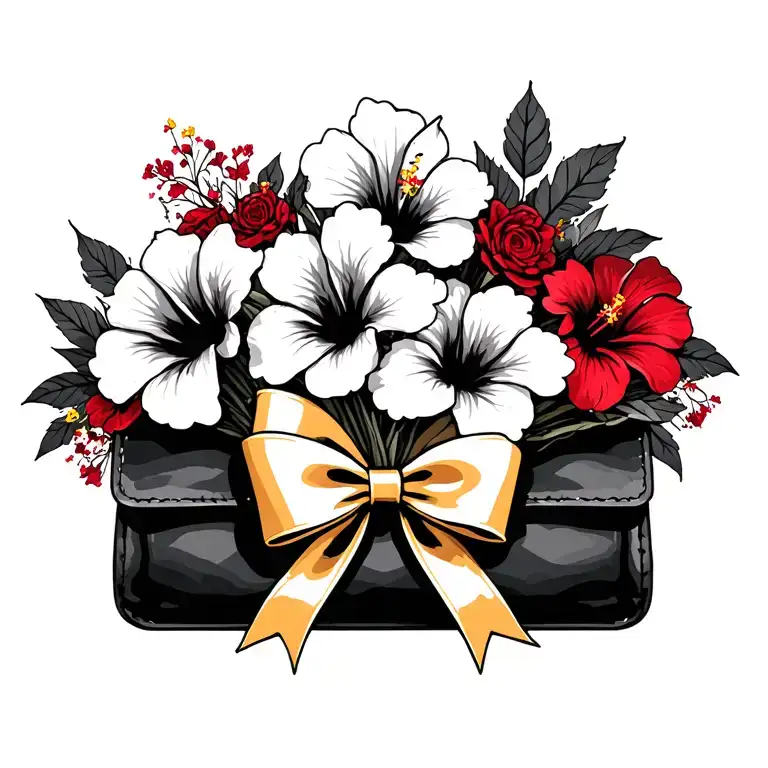 Bouquet Of Red Hibiscus Flowers With Black Purse And Gold Bow