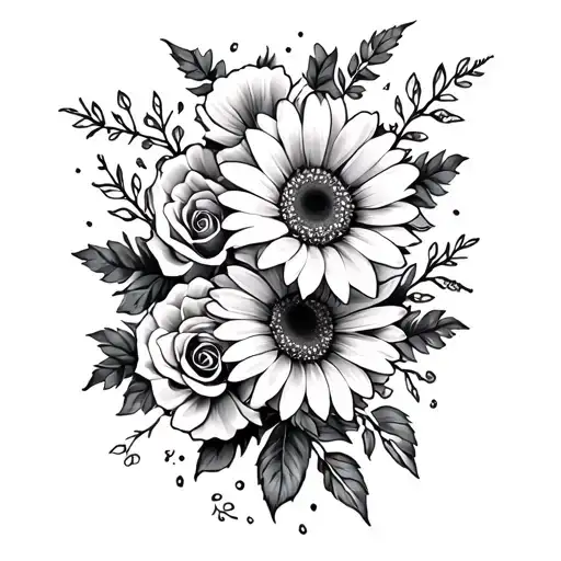 Small Black And White Forearm Tattoo With Gerberas And Roses Intertwined