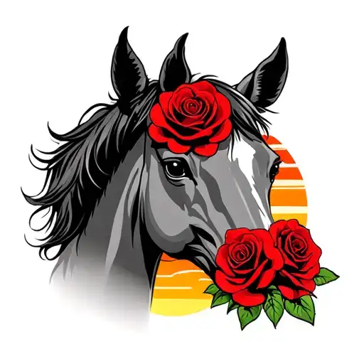 Horse Head With 3 Red Roses And Sunset