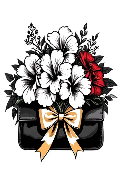 Bouquet Of Red Hibiscus Flowers With Black Purse And Gold Bow