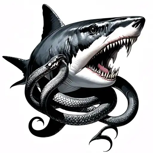 A Megalodon That Is Wrapped By A Snake And The Shark Bites Trought Her Body