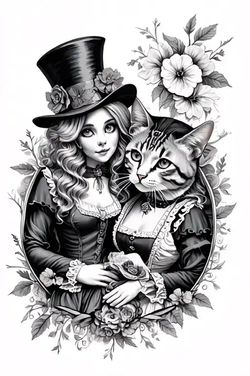 Dark Alice And Wonderland Sleeves With Mad Hatter And Cat