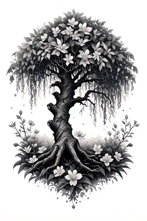 Willow Tree And Flowers Surrounding