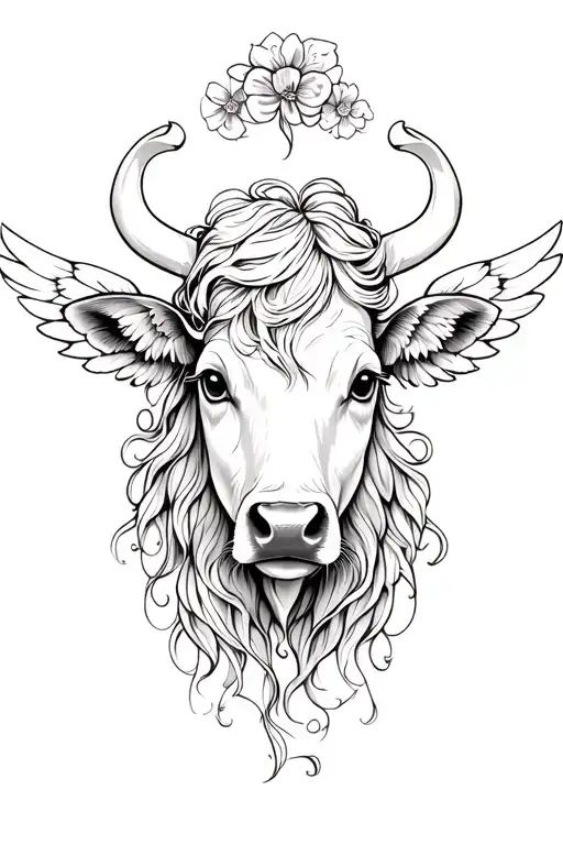 Female Cow Head Thin Lines Angel Wings