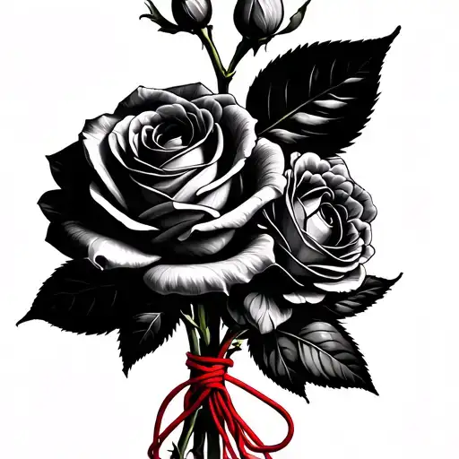 Rose And Honeysuckle Bouquet Tied Together With A Red String Of Fate