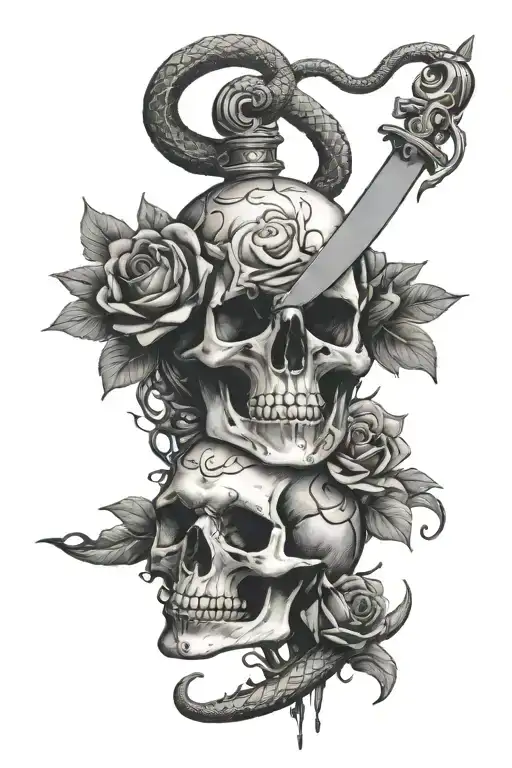 Dagger Going Through A Skull With A Snake Wrapping Around It And Withered Roses Around It