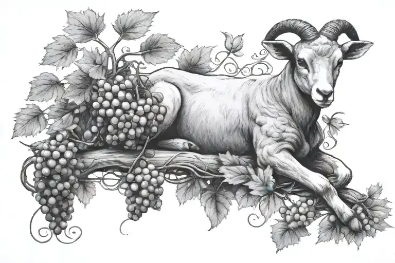 Grapes On A Vine With A Baby Lamb Resting Beneath