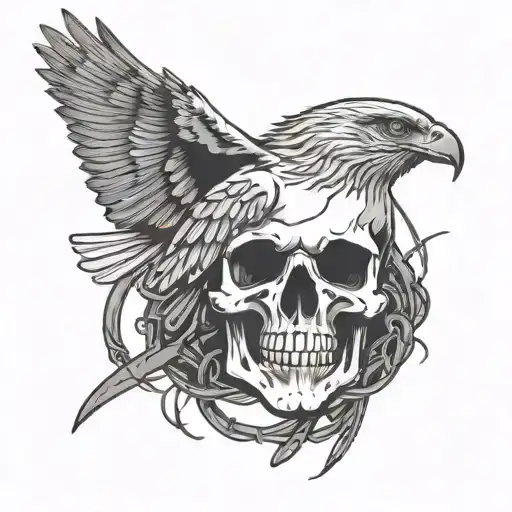 Skull With Barb Wire With Hawk Flying