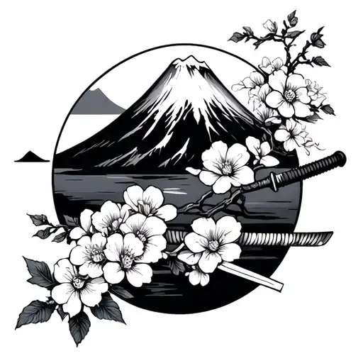 Mont Fuji With Sakura And Katana Sword Flowers