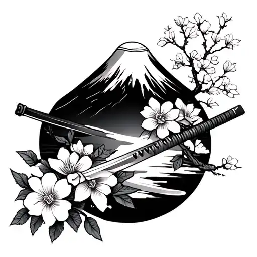 Mont Fuji With Sakura And Katana Sword Flowers