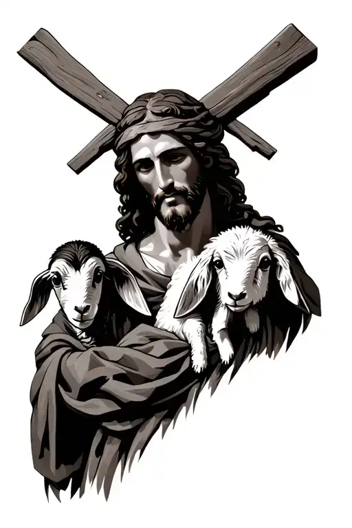 Jesus As A Shepherd Carrying A Lamb Around His Neck Dressed Like A Shepherd