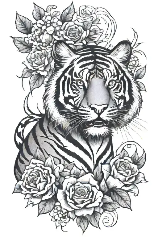 Traditional Style Tattoo Of Tiger And Flowers