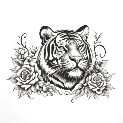 Traditional Style Of A Tiger And Flowers