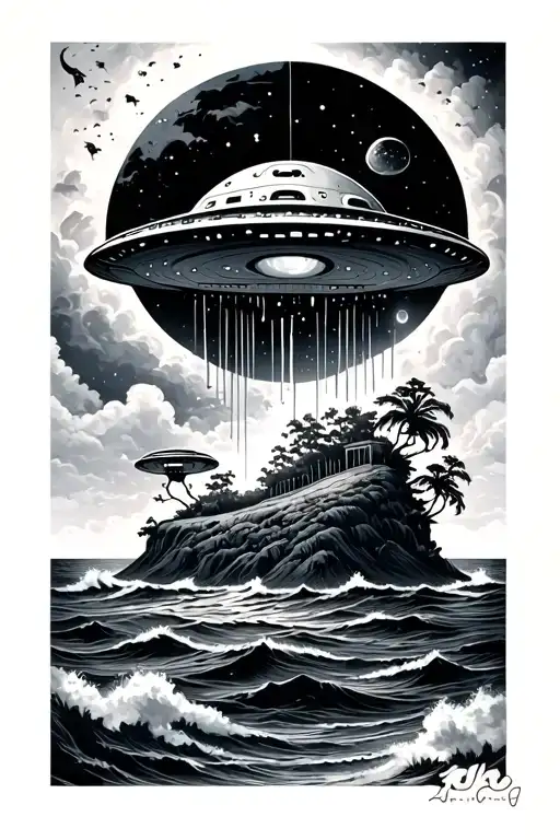 Ufo Over Island In Oceane