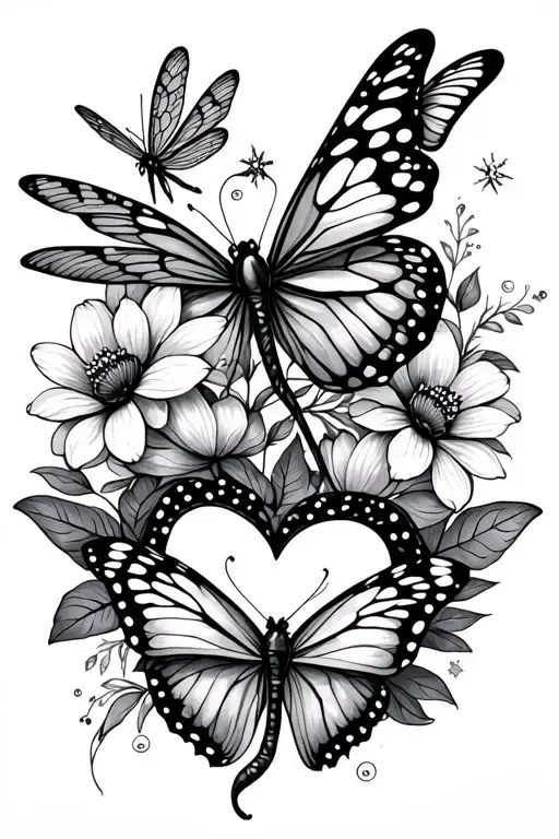 Flowers Intertwined Butterflies And Dragonfly Intertwined Hearts And Twinkles