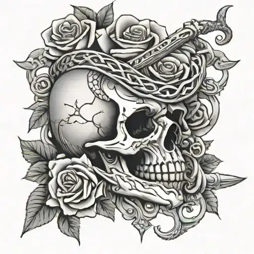 Sword Piercing A Skull With Roses And A Snake Wrapped Around It