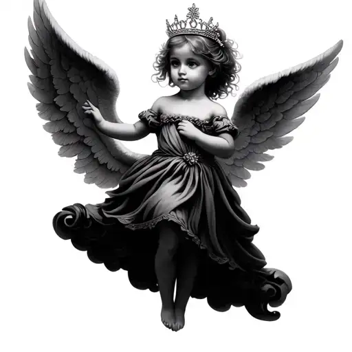 A Girl Baby Angel With Wings In The Sky With A Tiara Over Her Head